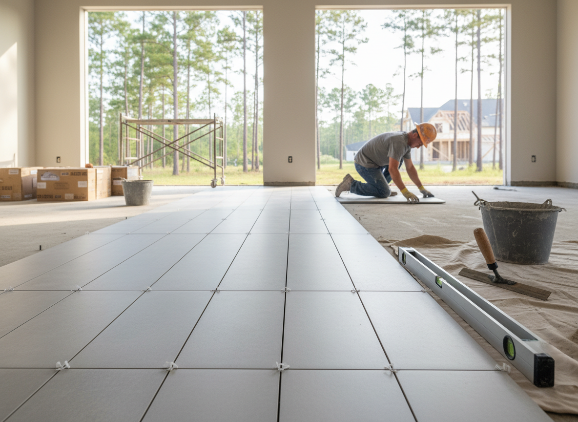 A wide construction-themed background showing a clean, modern tile installation in progress on a residential floor in Mississippi, with neat rows of large light-gray tiles, visible tile spacers, a level and trowel placed neatly to the side, and soft natural light. The mood should convey professionalism, precision, and trust.